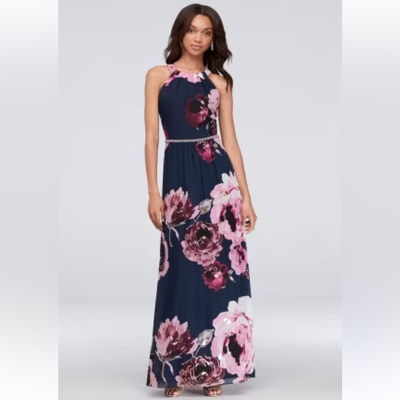 SLNY Floral Maxi Dress in Navy and Pink - Picture 1 of 12